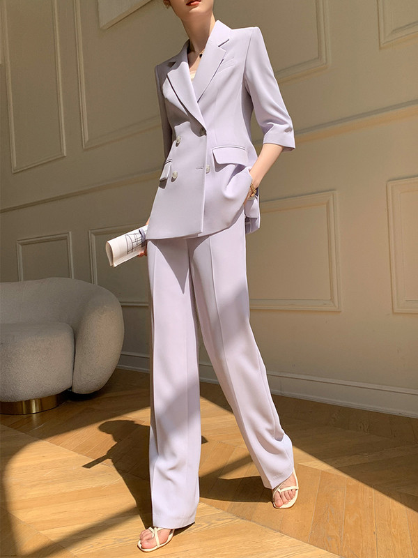 [LANMREM] Elegantne 2-osaline komplekt Womrn Double Breasted Fit bleiserid kõrge vöökohaga laia säärega püksid kontori daam 2024 suvi uus 26D9190