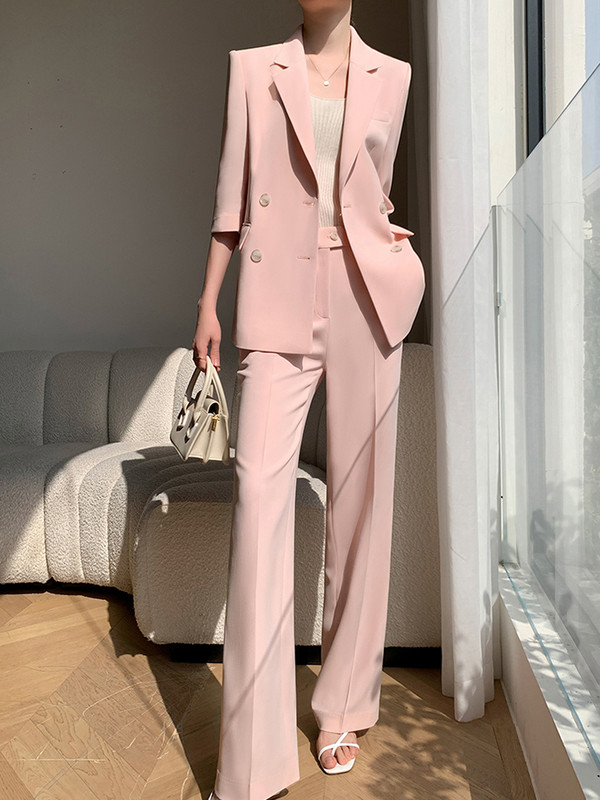 [LANMREM] Elegantne 2-osaline komplekt Womrn Double Breasted Fit bleiserid kõrge vöökohaga laia säärega püksid kontori daam 2024 suvi uus 26D9190
