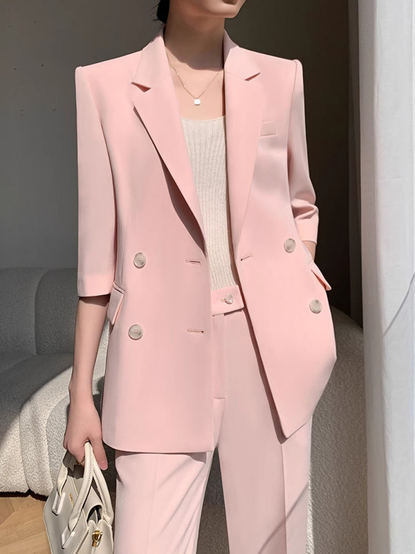 [LANMREM] Elegantne 2-osaline komplekt Womrn Double Breasted Fit bleiserid kõrge vöökohaga laia säärega püksid kontori daam 2024 suvi uus 26D9190