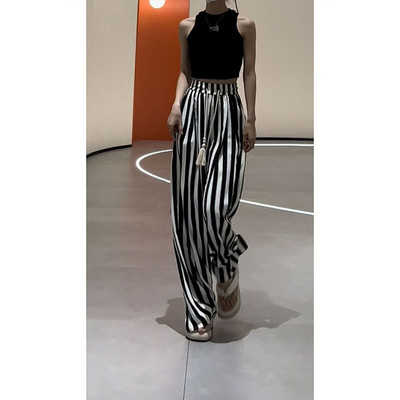 Augstas kvalitātes svītrainas bikses ar platām kājām Sieviešu vasaras jaunas bikses ar augstu vidukli, šauras, taisnas bikses, brīvas drapējums ikdienas ērtas, brīvas bikses