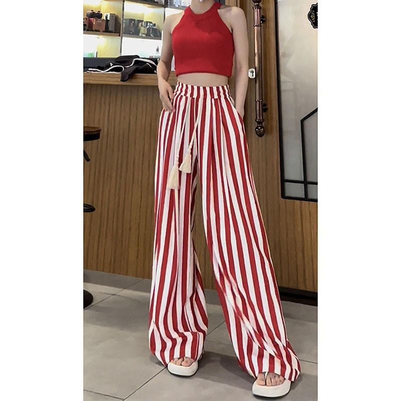 Augstas kvalitātes svītrainas bikses ar platām kājām Sieviešu vasaras jaunas bikses ar augstu vidukli, šauras, taisnas bikses, brīvas drapējums ikdienas ērtas, brīvas bikses