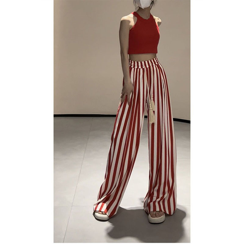 Augstas kvalitātes svītrainas bikses ar platām kājām Sieviešu vasaras jaunas bikses ar augstu vidukli, šauras, taisnas bikses, brīvas drapējums ikdienas ērtas, brīvas bikses