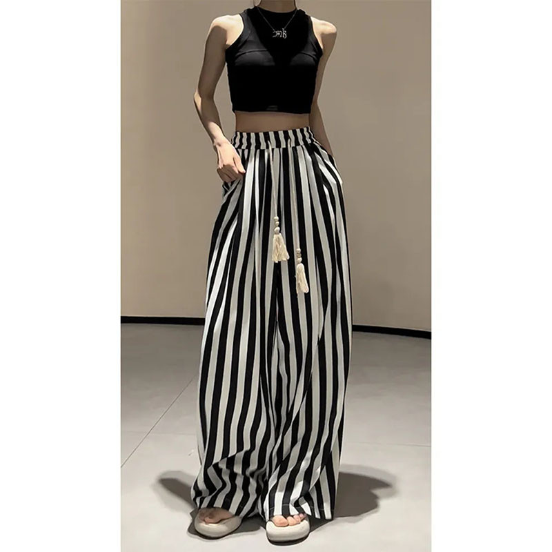 Augstas kvalitātes svītrainas bikses ar platām kājām Sieviešu vasaras jaunas bikses ar augstu vidukli, šauras, taisnas bikses, brīvas drapējums ikdienas ērtas, brīvas bikses