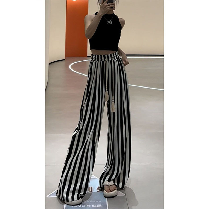 Augstas kvalitātes svītrainas bikses ar platām kājām Sieviešu vasaras jaunas bikses ar augstu vidukli, šauras, taisnas bikses, brīvas drapējums ikdienas ērtas, brīvas bikses