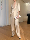 [LANMREM] Elegants uzvalku komplekts Womrn ar vienu pogu, īsām piedurknēm bleizeri ar augstu vidukli, taisnas, brīvas bikses 2024. gada vasarā, jaunas 26D9179