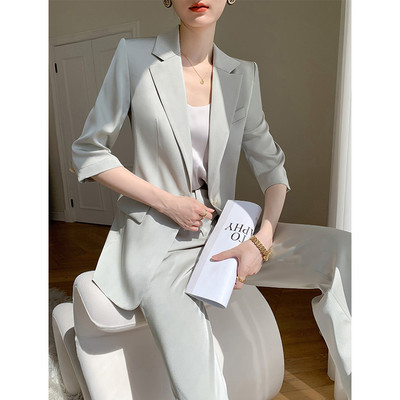 [LANMREM] Elegants uzvalku komplekts Womrn ar vienu pogu, īsām piedurknēm bleizeri ar augstu vidukli, taisnas, brīvas bikses 2024. gada vasarā, jaunas 26D9179