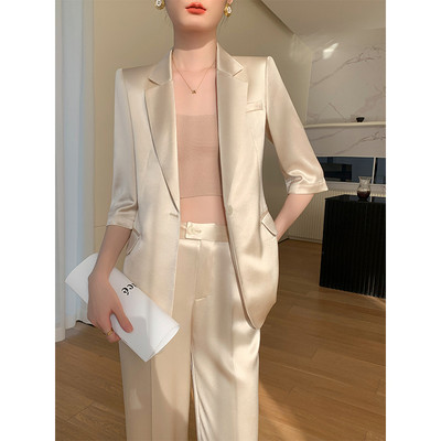 [LANMREM] Elegants uzvalku komplekts Womrn ar vienu pogu, īsām piedurknēm bleizeri ar augstu vidukli, taisnas, brīvas bikses 2024. gada vasarā, jaunas 26D9179