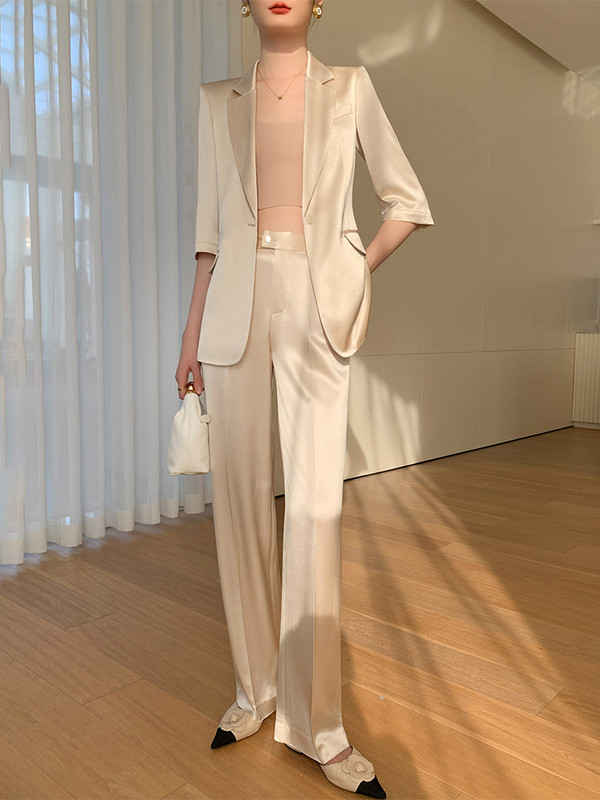 [LANMREM] Elegants uzvalku komplekts Womrn ar vienu pogu, īsām piedurknēm bleizeri ar augstu vidukli, taisnas, brīvas bikses 2024. gada vasarā, jaunas 26D9179