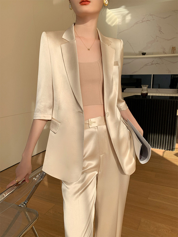 [LANMREM] Elegants uzvalku komplekts Womrn ar vienu pogu, īsām piedurknēm bleizeri ar augstu vidukli, taisnas, brīvas bikses 2024. gada vasarā, jaunas 26D9179