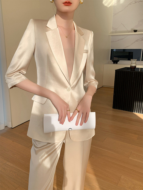 [LANMREM] Elegants uzvalku komplekts Womrn ar vienu pogu, īsām piedurknēm bleizeri ar augstu vidukli, taisnas, brīvas bikses 2024. gada vasarā, jaunas 26D9179