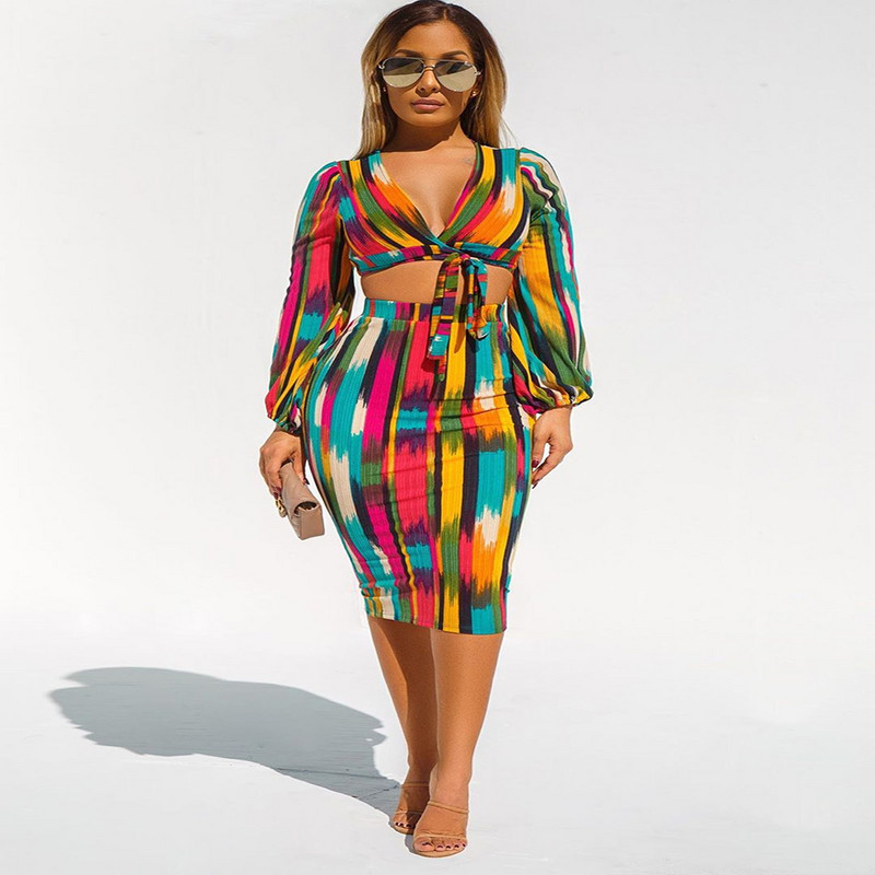 Seksikad Crop Naiste kleidikomplektid Lipsuga värvitud pitsidega mähitud rinnale T-särk ülikond Beach Bodycon midikleidid, 2-osalised, naiste festivalirõivad