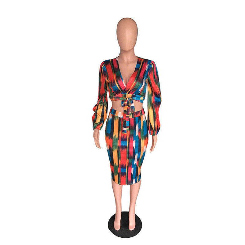 Seksikad Crop Naiste kleidikomplektid Lipsuga värvitud pitsidega mähitud rinnale T-särk ülikond Beach Bodycon midikleidid, 2-osalised, naiste festivalirõivad