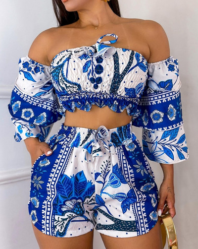 Dvodijelni set ženske odjeće 2024., ljetni cvjetni print, majica s rubovima spuštenih ramena i ležerni set kratkih hlača s uzicom s džepnim dizajnom