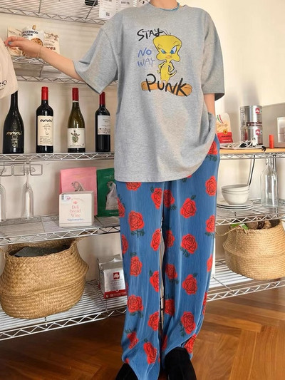 Nove ljetne trenirke 2024. Ženske modne vintage labave široke hlače s cvjetnim printom Y2k Grunge ravne hlače s elastičnim strukom