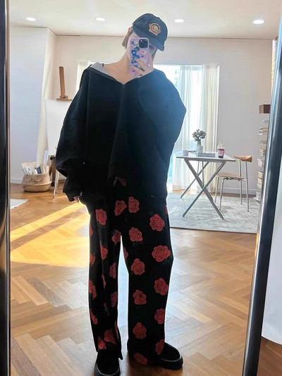 Nove ljetne trenirke 2024. Ženske modne vintage labave široke hlače s cvjetnim printom Y2k Grunge ravne hlače s elastičnim strukom