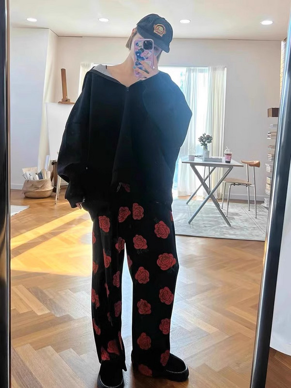 Nove ljetne trenirke 2024. Ženske modne vintage labave široke hlače s cvjetnim printom Y2k Grunge ravne hlače s elastičnim strukom