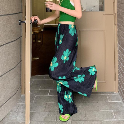 Lilletrükiga laia säärega püksid naiste plisseeritud stiilis uus drape püksid lahtised õhukesed sirged püksid