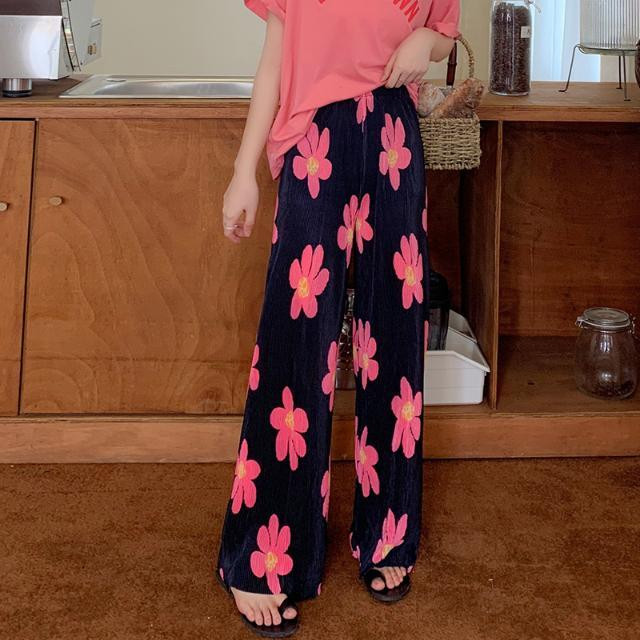 Lilletrükiga laia säärega püksid naiste plisseeritud stiilis uus drape püksid lahtised õhukesed sirged püksid