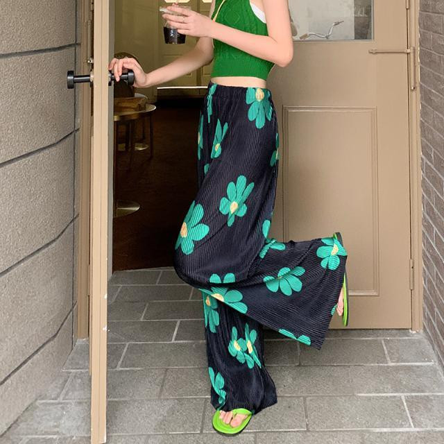 Lilletrükiga laia säärega püksid naiste plisseeritud stiilis uus drape püksid lahtised õhukesed sirged püksid