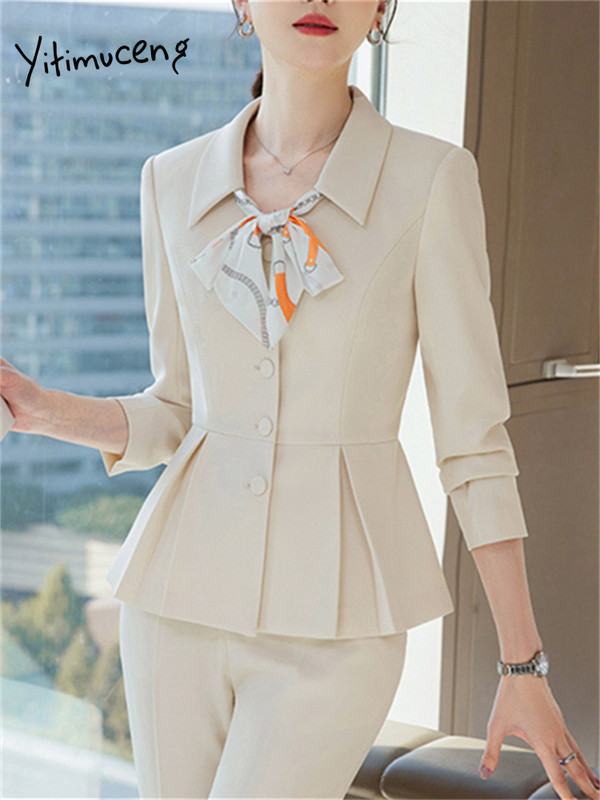 Yitimuceng Silm naiste ülikonnad, kontorikomplektid 2023, uued vintage pikkade varrukatega üherealised bleiserid šikk kõrge vöökohaga vabaaja pükskostüümid