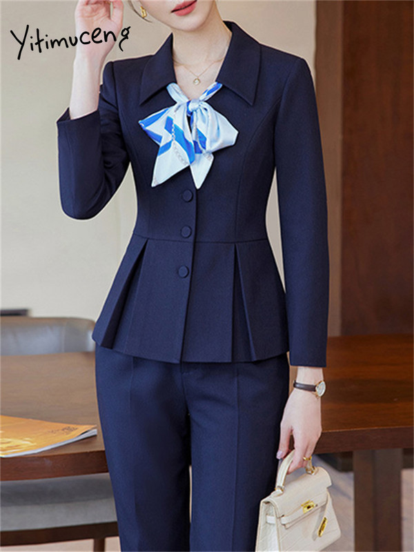 Yitimuceng Silm naiste ülikonnad, kontorikomplektid 2023, uued vintage pikkade varrukatega üherealised bleiserid šikk kõrge vöökohaga vabaaja pükskostüümid