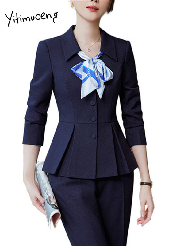 Yitimuceng Silm naiste ülikonnad, kontorikomplektid 2023, uued vintage pikkade varrukatega üherealised bleiserid šikk kõrge vöökohaga vabaaja pükskostüümid