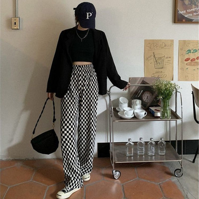 Fekete-fehér sakktáblás nadrág női trend sokoldalú egyenes szárú nadrág rakott stílusú széles szárú nadrág bő felmosó nadrág