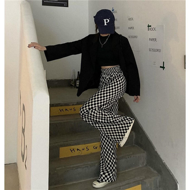 Fekete-fehér sakktáblás nadrág női trend sokoldalú egyenes szárú nadrág rakott stílusú széles szárú nadrág bő felmosó nadrág
