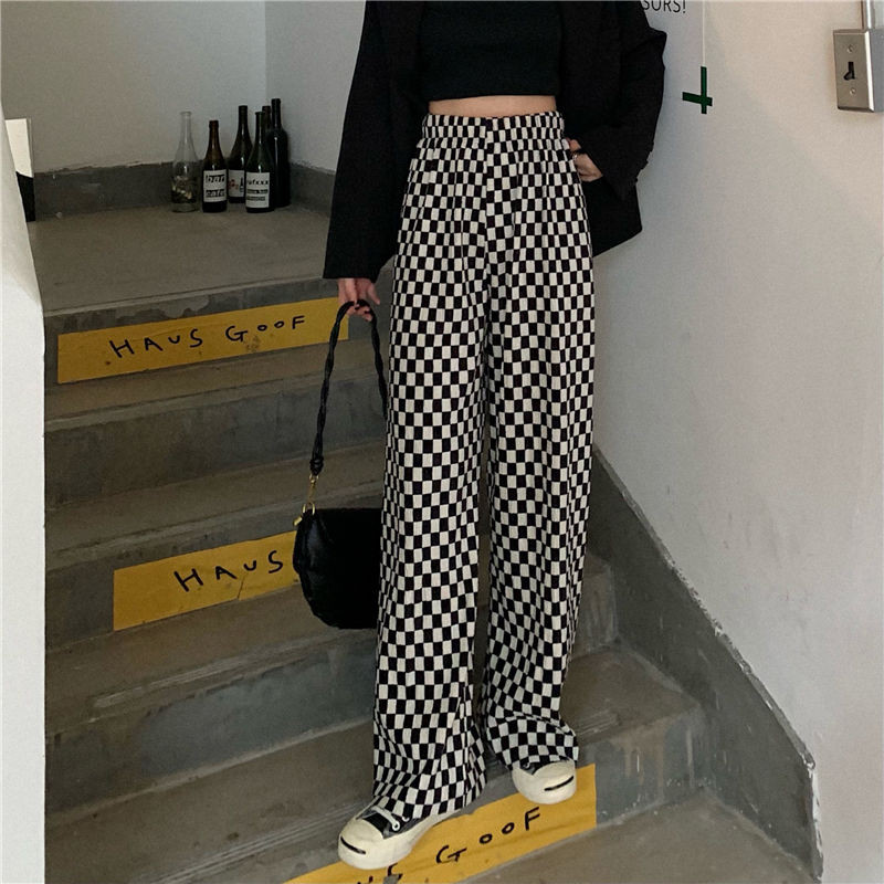 Fekete-fehér sakktáblás nadrág női trend sokoldalú egyenes szárú nadrág rakott stílusú széles szárú nadrág bő felmosó nadrág