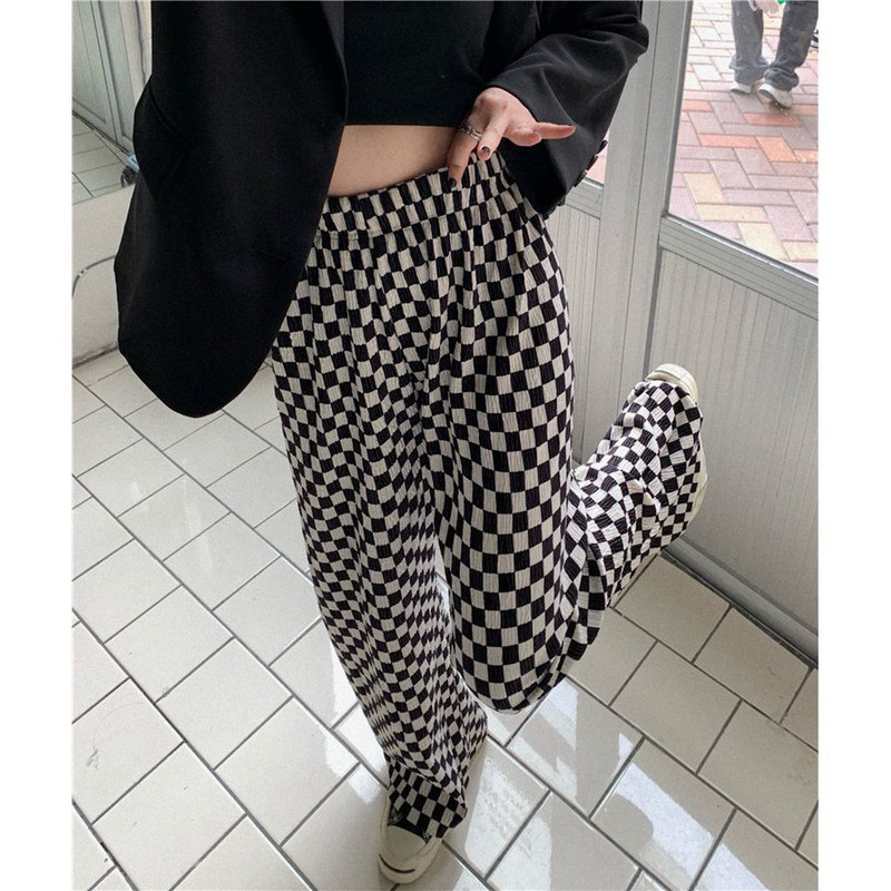 Fekete-fehér sakktáblás nadrág női trend sokoldalú egyenes szárú nadrág rakott stílusú széles szárú nadrág bő felmosó nadrág