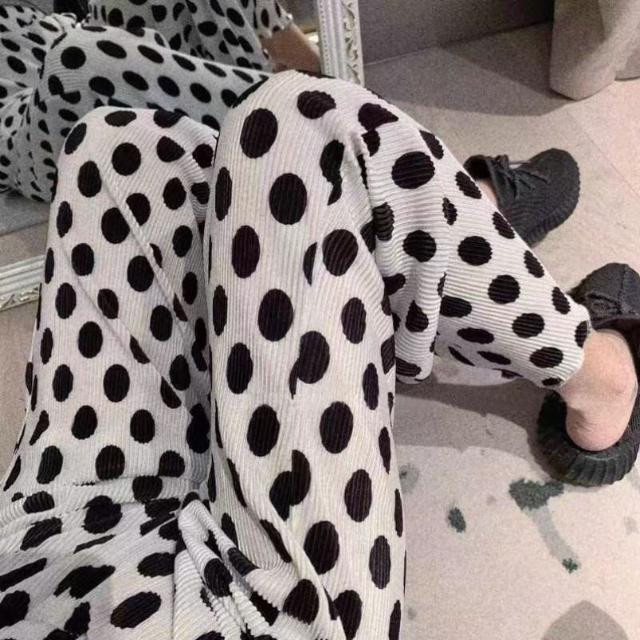 Crno-bijele hlače na točkice Ženske ljetne nove Hlače širokih nogavica s printom na točkice Ravne Mop hlače visokog struka