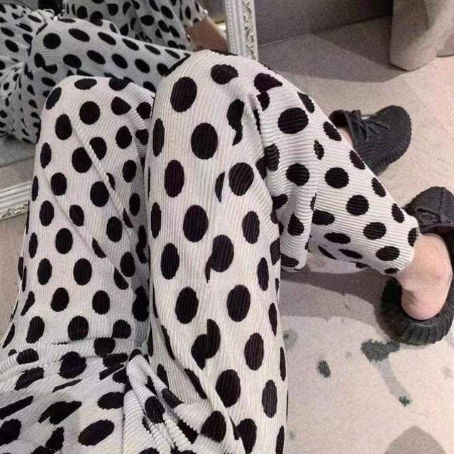 Crno-bijele hlače na točkice Ženske ljetne nove Hlače širokih nogavica s printom na točkice Ravne Mop hlače visokog struka