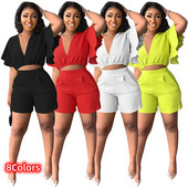 Vrući ženski dvodijelni kompleti Ljeto kratkih rukava V izrez Top majice s rukavima s volanima + kratke hlače Odijela Sportske trenirke Ulično odijelo