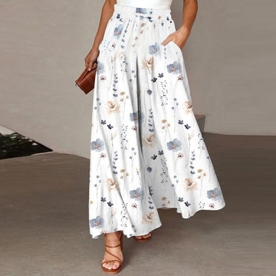 Hlače širokih nogavica s kosim džepovima s cvjetnim uzorkom, vintage široke hlače za proljeće i ljeto, ženska odjeća