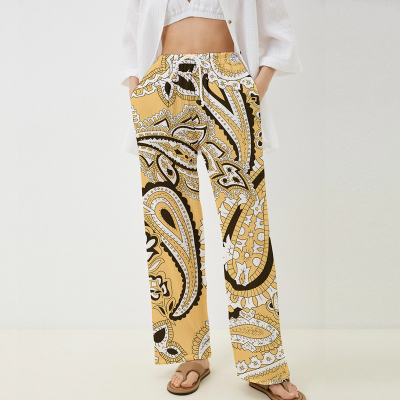 2023 divatos új 3D digitális nyomtatás kesudió virág női nadrágok strandon otthon szabadidő tánc bambusz ízület pamut kender vékony nadrág