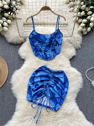 SINGREINY naiste liblikasprinteriga kaheosalised komplektid, suvine rihmakorsett õhuke kamisole+nööriga miniseelik, elastne Y2K rannaülikonnad