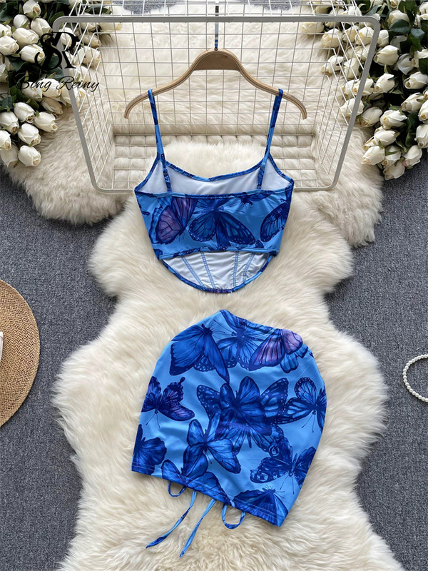 SINGREINY naiste liblikasprinteriga kaheosalised komplektid, suvine rihmakorsett õhuke kamisole+nööriga miniseelik, elastne Y2K rannaülikonnad