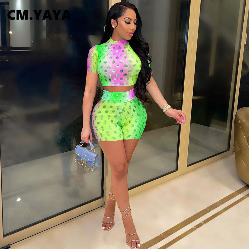 CM.YAYA Set pentru femei, cu găuri, cu mâneci scurte, cu decolteu O, pantaloni scurți elastici Set din două piese Trening activ ținută sportivă de vară