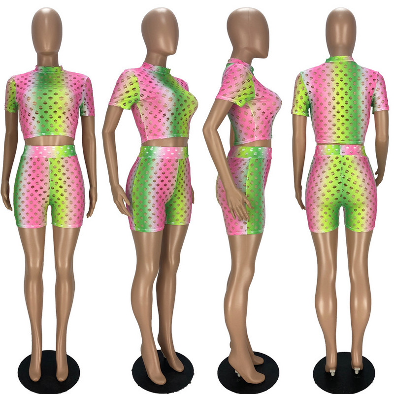 CM.YAYA Set pentru femei, cu găuri, cu mâneci scurte, cu decolteu O, pantaloni scurți elastici Set din două piese Trening activ ținută sportivă de vară