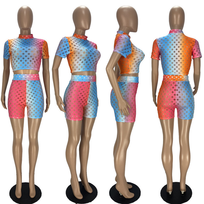 CM.YAYA Set pentru femei, cu găuri, cu mâneci scurte, cu decolteu O, pantaloni scurți elastici Set din două piese Trening activ ținută sportivă de vară