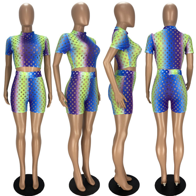 CM.YAYA Set pentru femei, cu găuri, cu mâneci scurte, cu decolteu O, pantaloni scurți elastici Set din două piese Trening activ ținută sportivă de vară