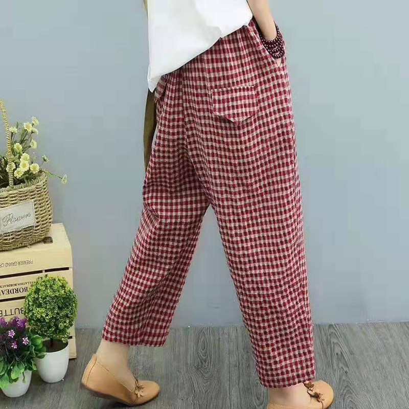 Vasaras rūtains modes Haren Bikses Sieviešu High Street Ikdienas brīvas kabatas ar augstu vidukli Tīras kokvilnas Ērtas bikses.
