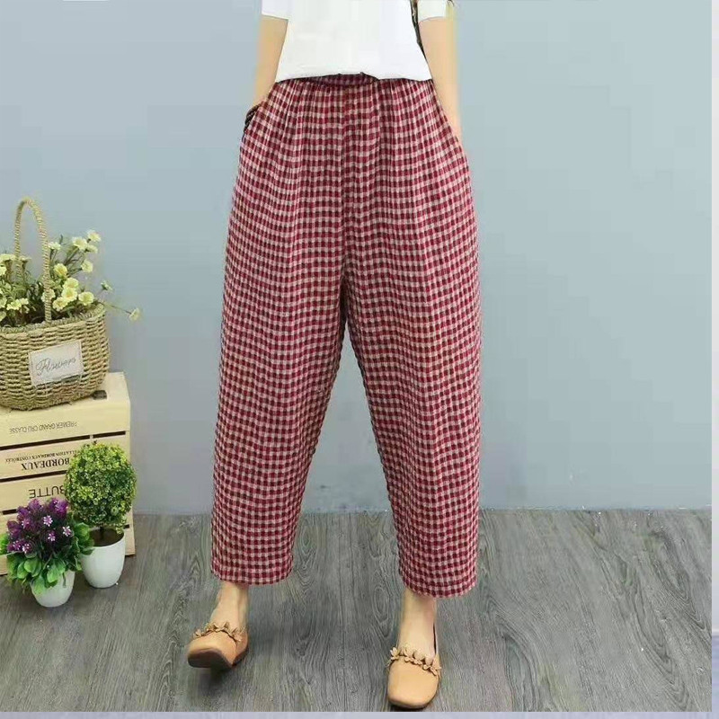 Vasaras rūtains modes Haren Bikses Sieviešu High Street Ikdienas brīvas kabatas ar augstu vidukli Tīras kokvilnas Ērtas bikses.