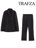 TRAFZA 2024 Ženski proljetni modni crni uredski sako na rever s dugmadima + retro ženski široki odijelo s hlačama s patentnim zatvaračem