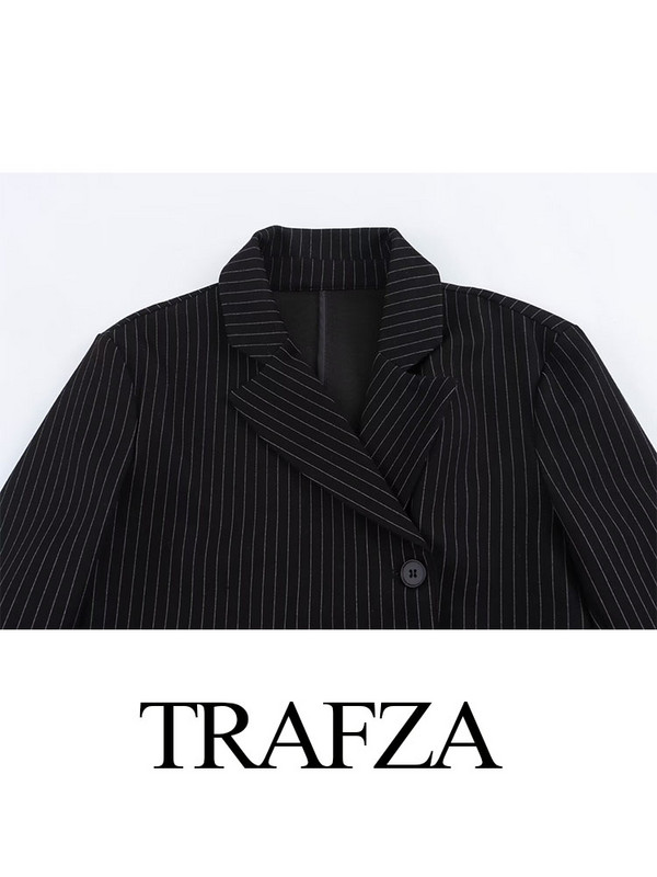 TRAFZA 2024 Ženski proljetni modni crni uredski sako na rever s dugmadima + retro ženski široki odijelo s hlačama s patentnim zatvaračem
