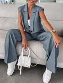 Ženski elegantni prugasti podstavljeni sako na ramena i set od 2 komada širokih hlača visokog struka