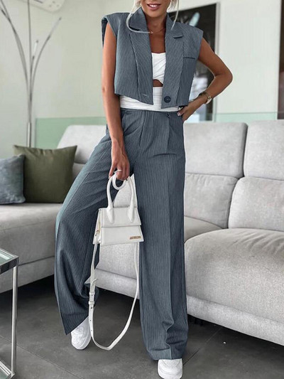 Ženski elegantni prugasti podstavljeni sako na ramena i set od 2 komada širokih hlača visokog struka