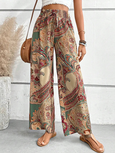 Imprimare digitală Pantaloni lați cu talie înaltă Îmbrăcăminte pentru femei în stil etnic Benzi elastice Pantaloni boho Pantaloni casual largi Pantaloni de plajă