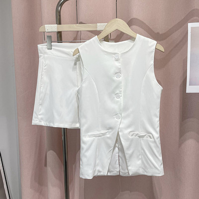 Elegantsed varrukateta lühikeste pükste komplektid naistele 2024. aasta kevadsuvi õhuke täisnööbiga taskuvest kõrge vöökohaga lühikesed püksid, 2-osaline naiste komplekt