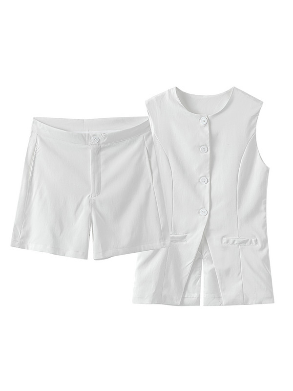 Elegantsed varrukateta lühikeste pükste komplektid naistele 2024. aasta kevadsuvi õhuke täisnööbiga taskuvest kõrge vöökohaga lühikesed püksid, 2-osaline naiste komplekt